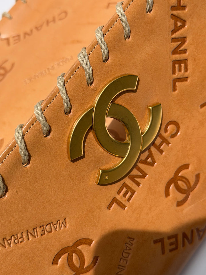 Chanel Jumbo Classic Flap Bag Tan Debossed Logo Calfskin Whipstitched Gold Hardware 1994