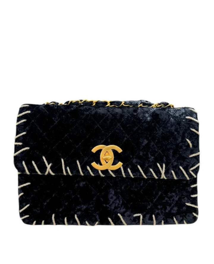 Chanel 1993 Black Velvet Whipstitch CC Flap Bag