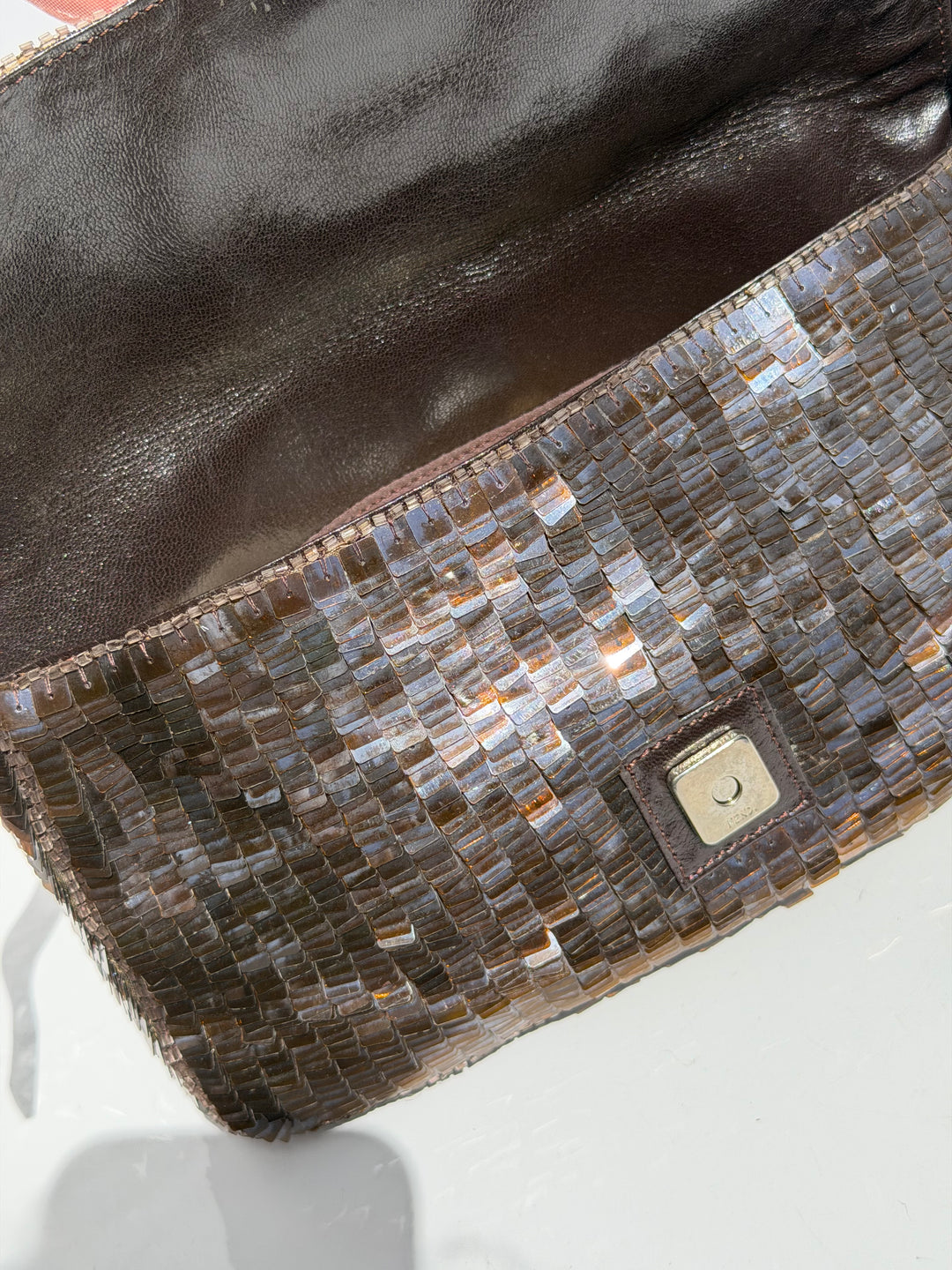 Fendi Brown Sequin Zucca FF Baguette Silver Hardware