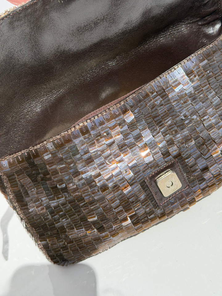 Fendi Brown Sequin Zucca FF Baguette Silver Hardware