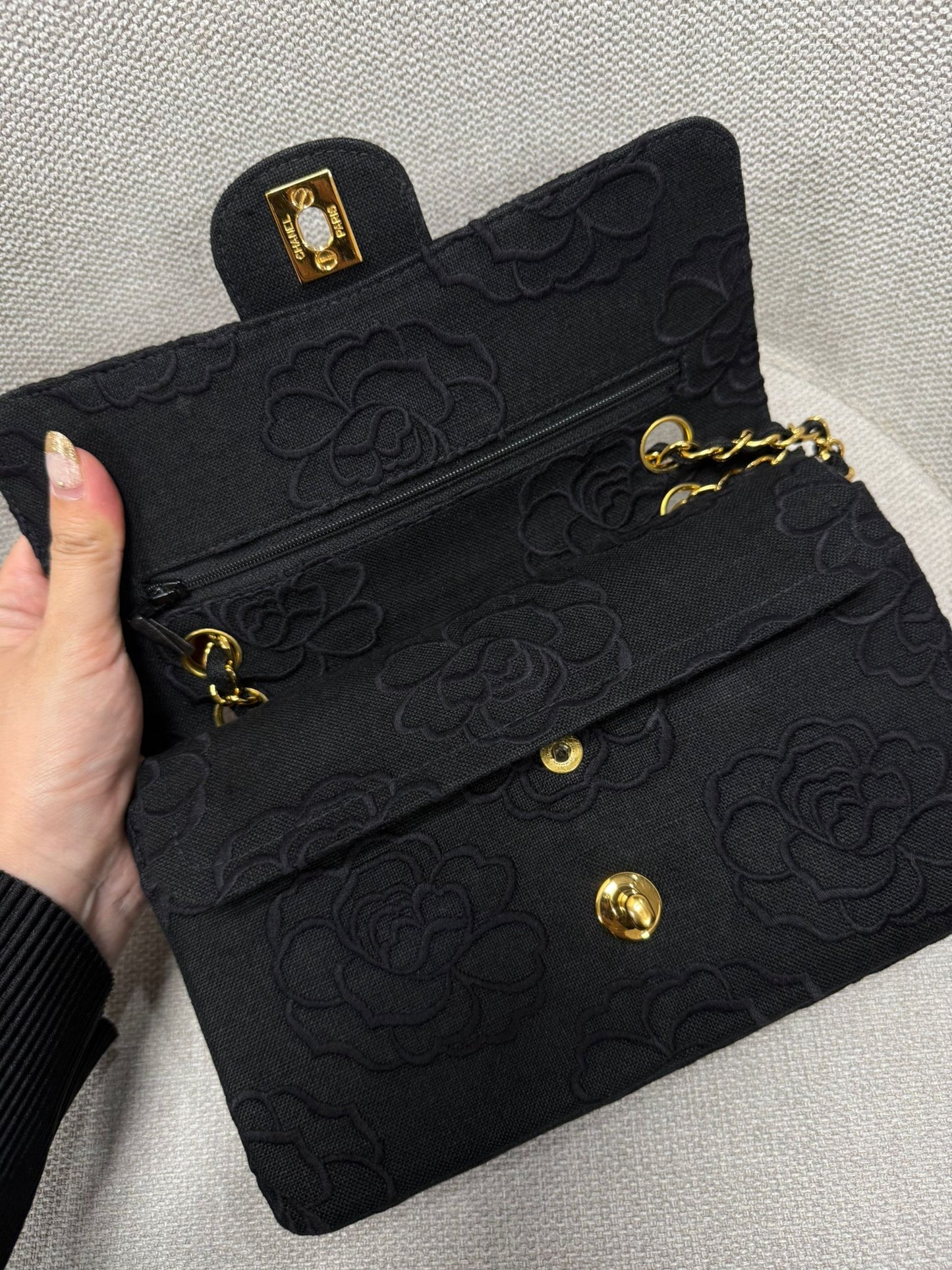 Chanel 1997 Small 24K Black Camellia Classic Flap Bag