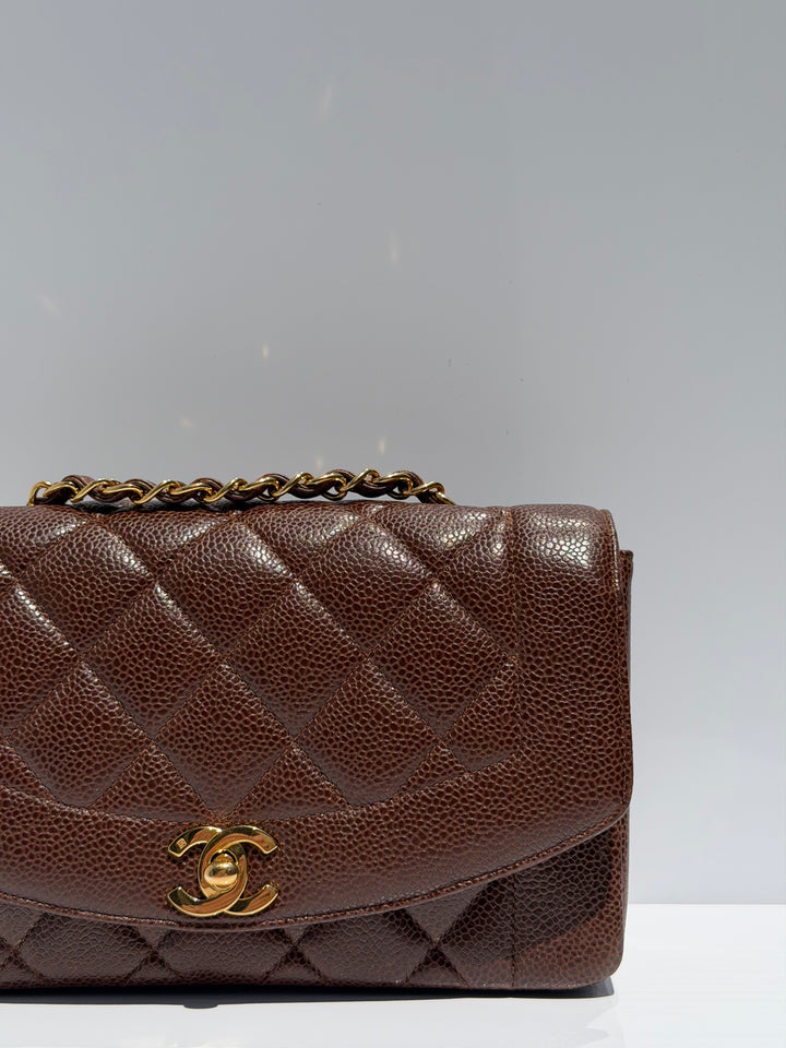 Chanel Small Diana Flap Bag Caviar Brown 24K Plated Gold Hardware 1994