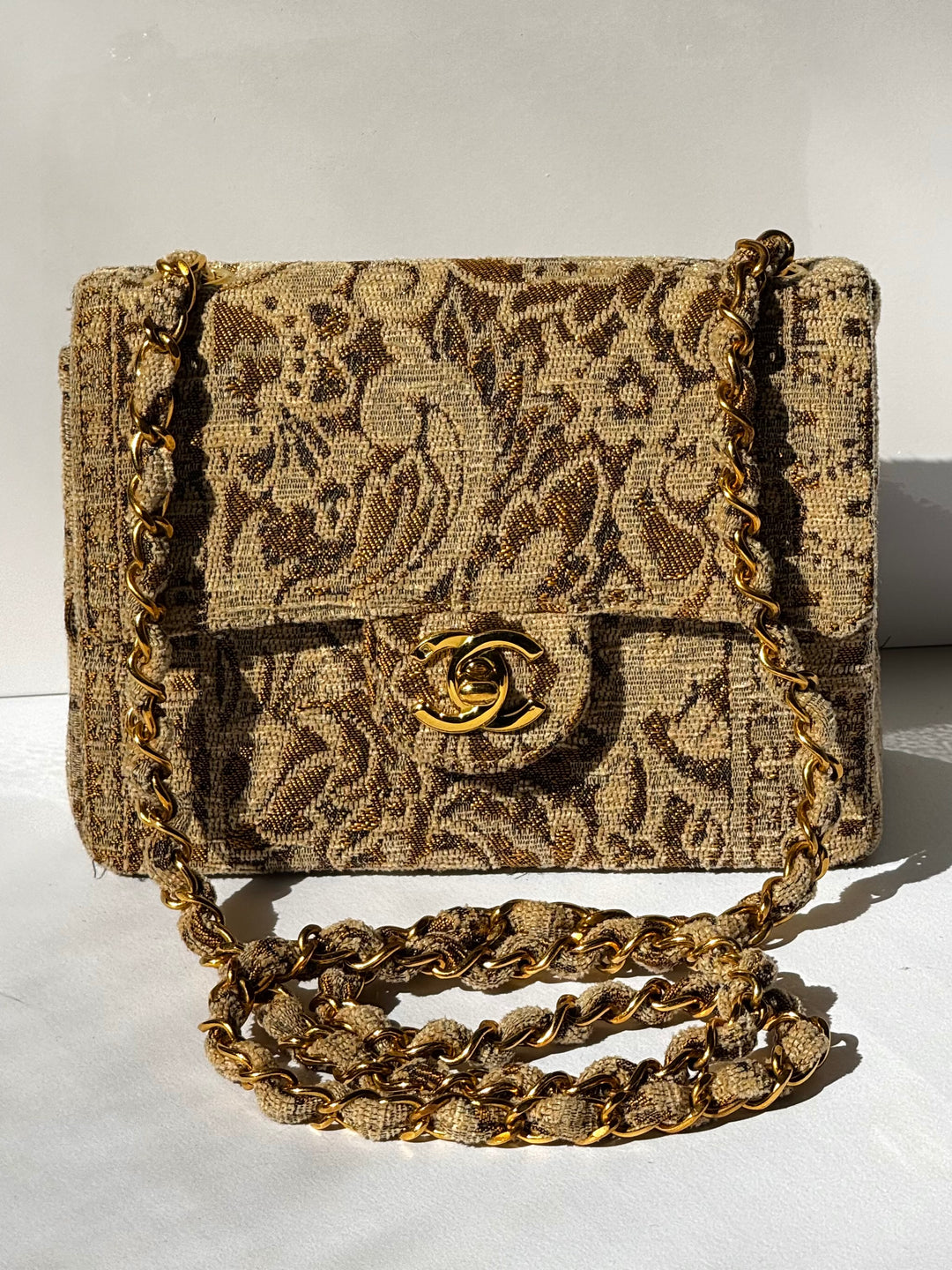 Chanel 1991 Bronze Metallic Brocade Vintage Mini Square Flap Bag