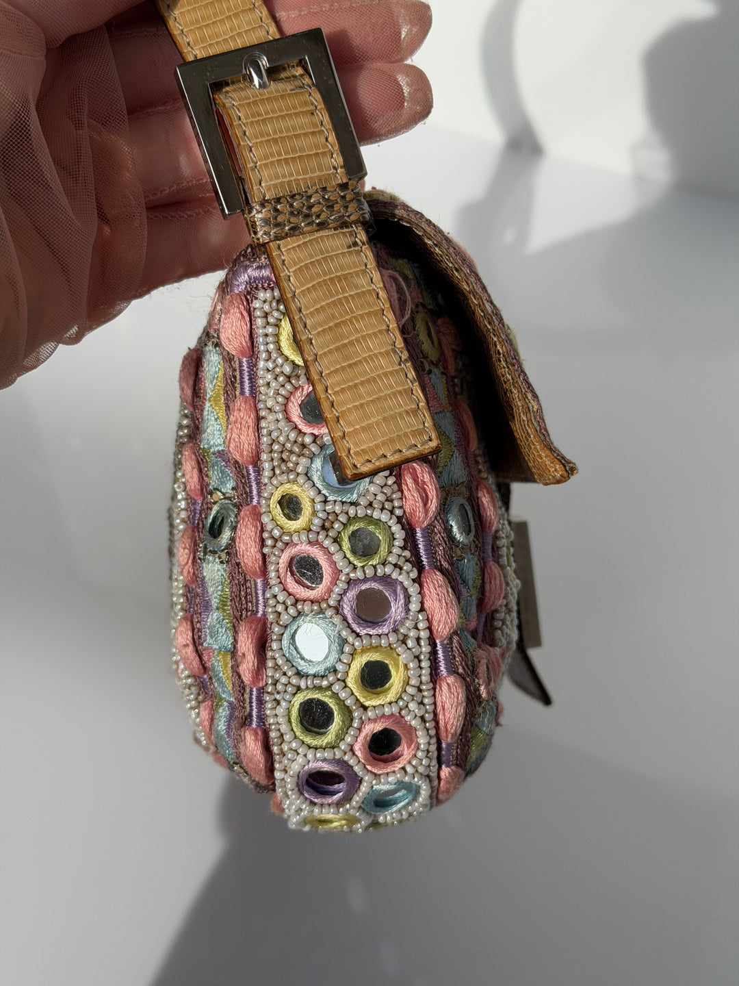 Fendi Baguette Mirror Specchietti Bag Multicolor Silk Embroidery & Beading Lizard Trim 2009