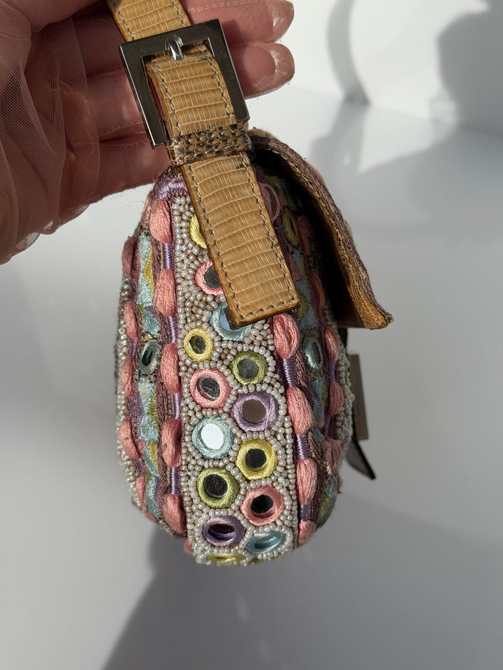 Fendi Baguette Mirror Specchietti Bag Multicolor Silk Embroidery & Beading Lizard Trim 2009