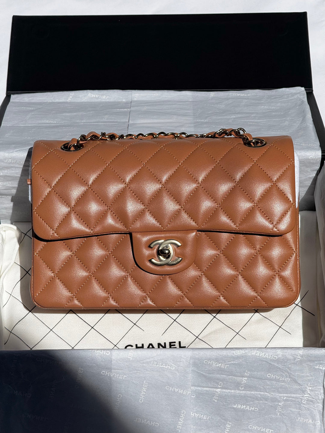 Chanel 22S Small Caramel Lambskin Classic Flap Bag + LGHW