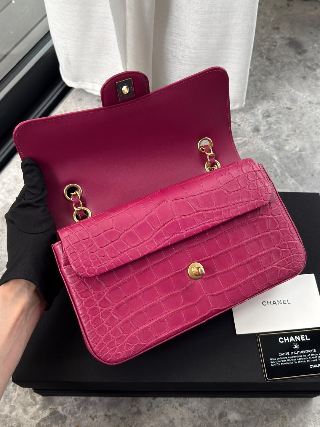 Chanel Medium Classic Flap Bag Matte Alligator Pink Brushed Gold Hardware 2018