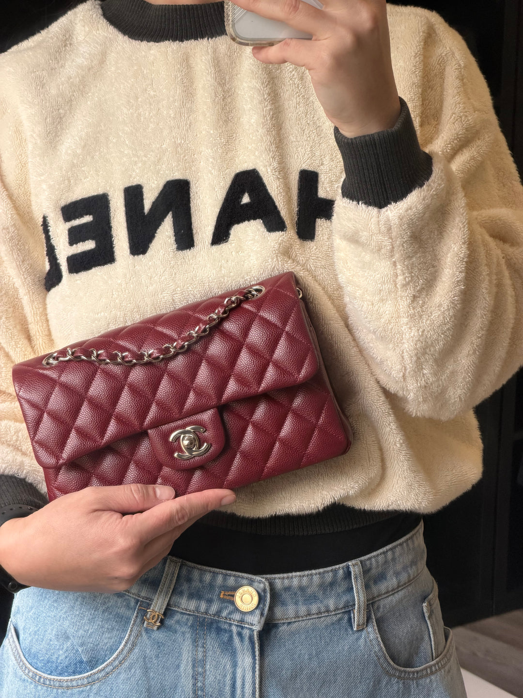 Chanel Small Classic Double Flap Caviar Burgundy Silver Hardware 2020