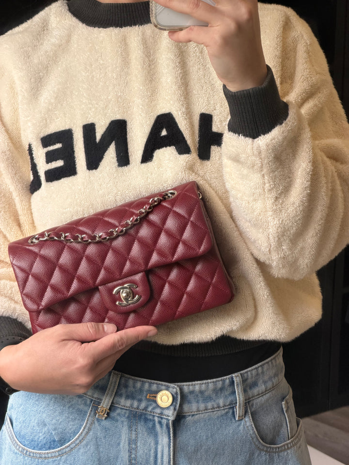 Chanel Small Classic Double Flap Caviar Burgundy Silver Hardware 2020