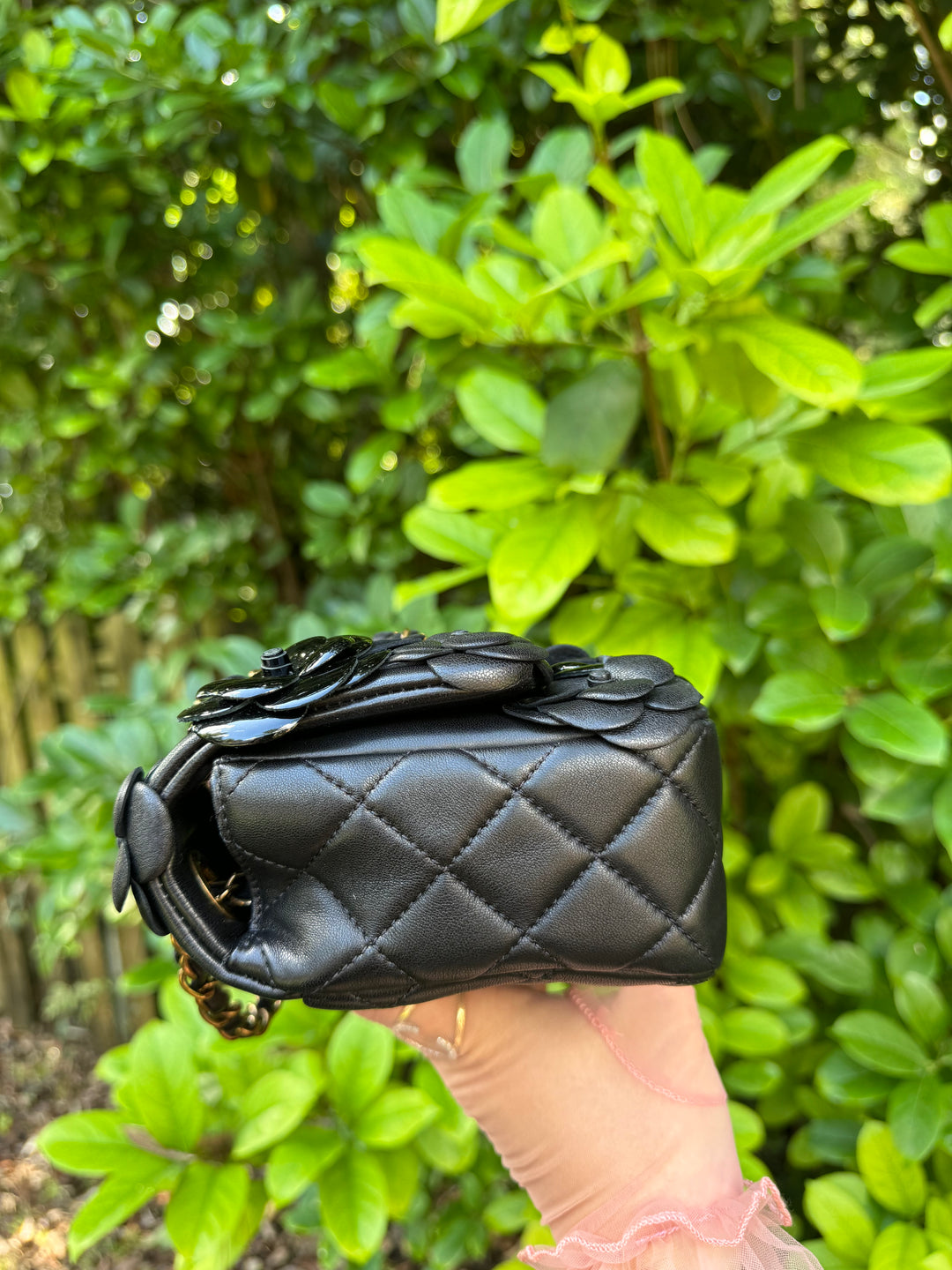 Chanel Black Lambskin Camellia Rose Appliqué Medium Flap Bag