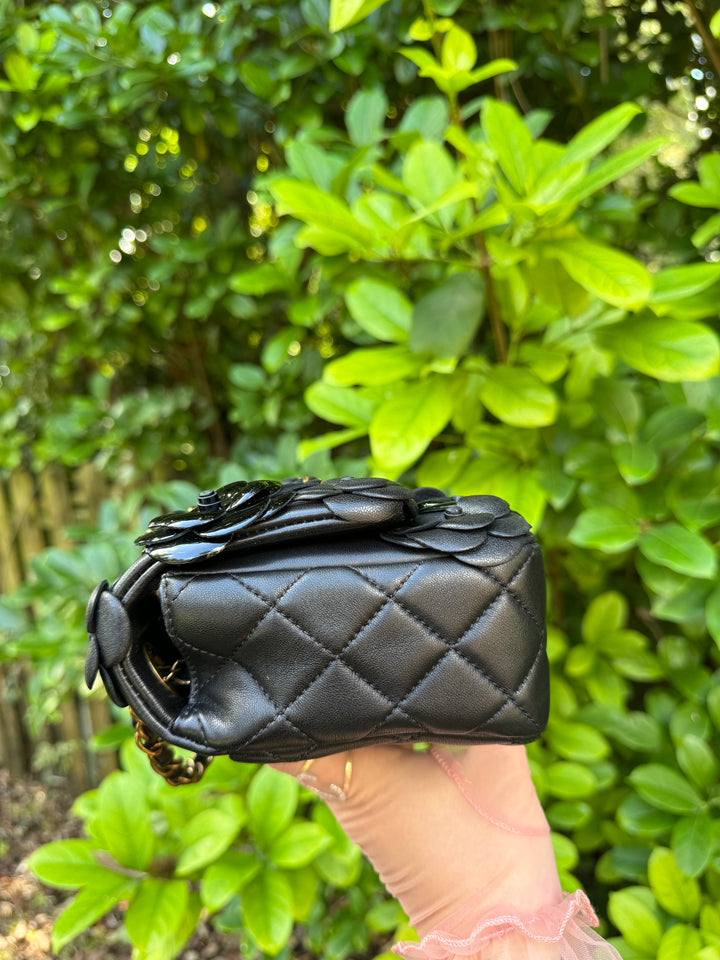 Chanel Black Lambskin Camellia Rose Appliqué Medium Flap Bag