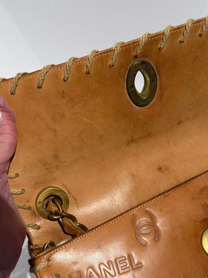 Chanel Half Flap Bag Tan Debossed Logo Calfskin Whipstitched Gold Hardware 1994