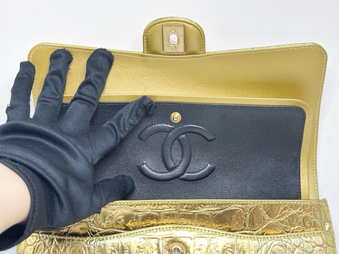 Chanel Metallic Gold Croc Embossed Medium Classic Flap Bag