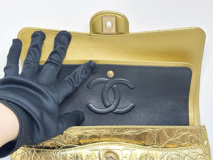 Chanel Metallic Gold Croc Embossed Medium Classic Flap Bag