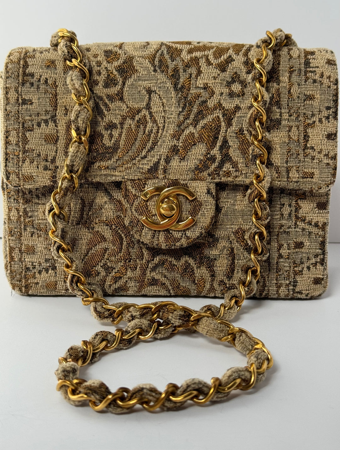 Chanel 1991 Bronze Metallic Brocade Vintage Mini Square Flap Bag