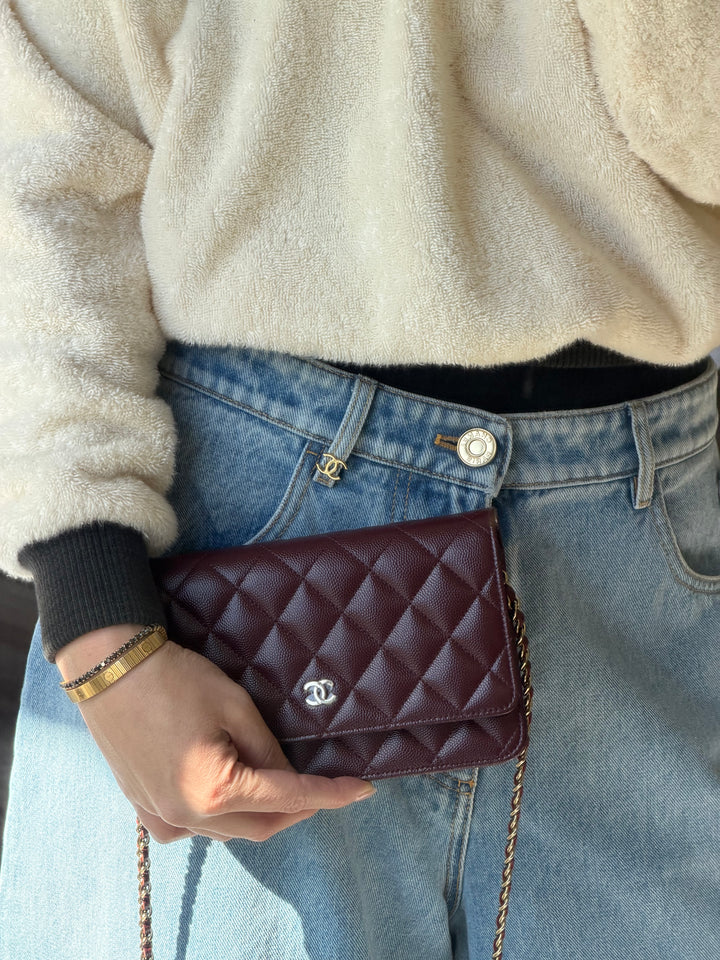Chanel Wallet on Chain Burgundy Caviar Leather Light Gold Tone Hardware 2023