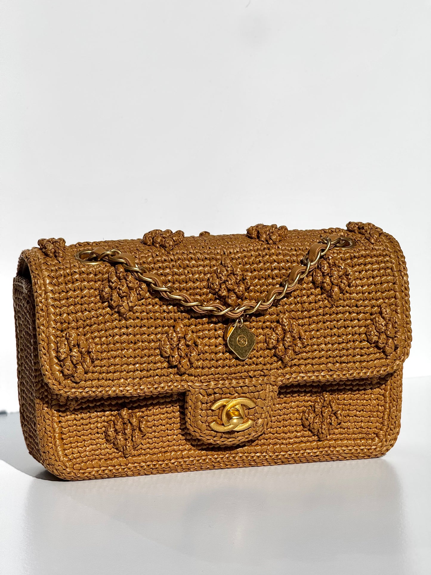 Chanel 24P Tan Braided Raffia Medium Flap Bag