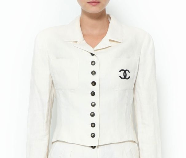 Chanel CC Logo White Linen Runway Jacket 1995