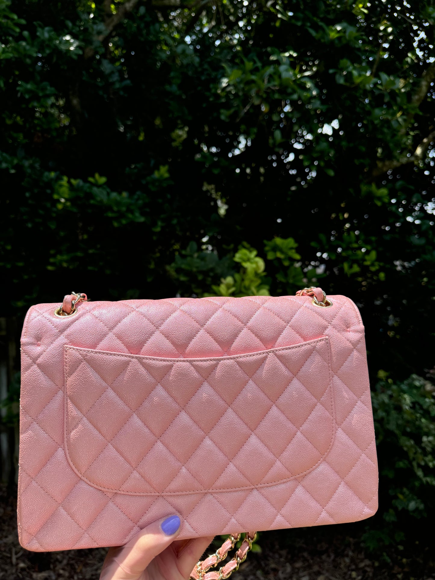 Chanel 19S Pink Iridescent Jumbo Caviar Double Flap Bag