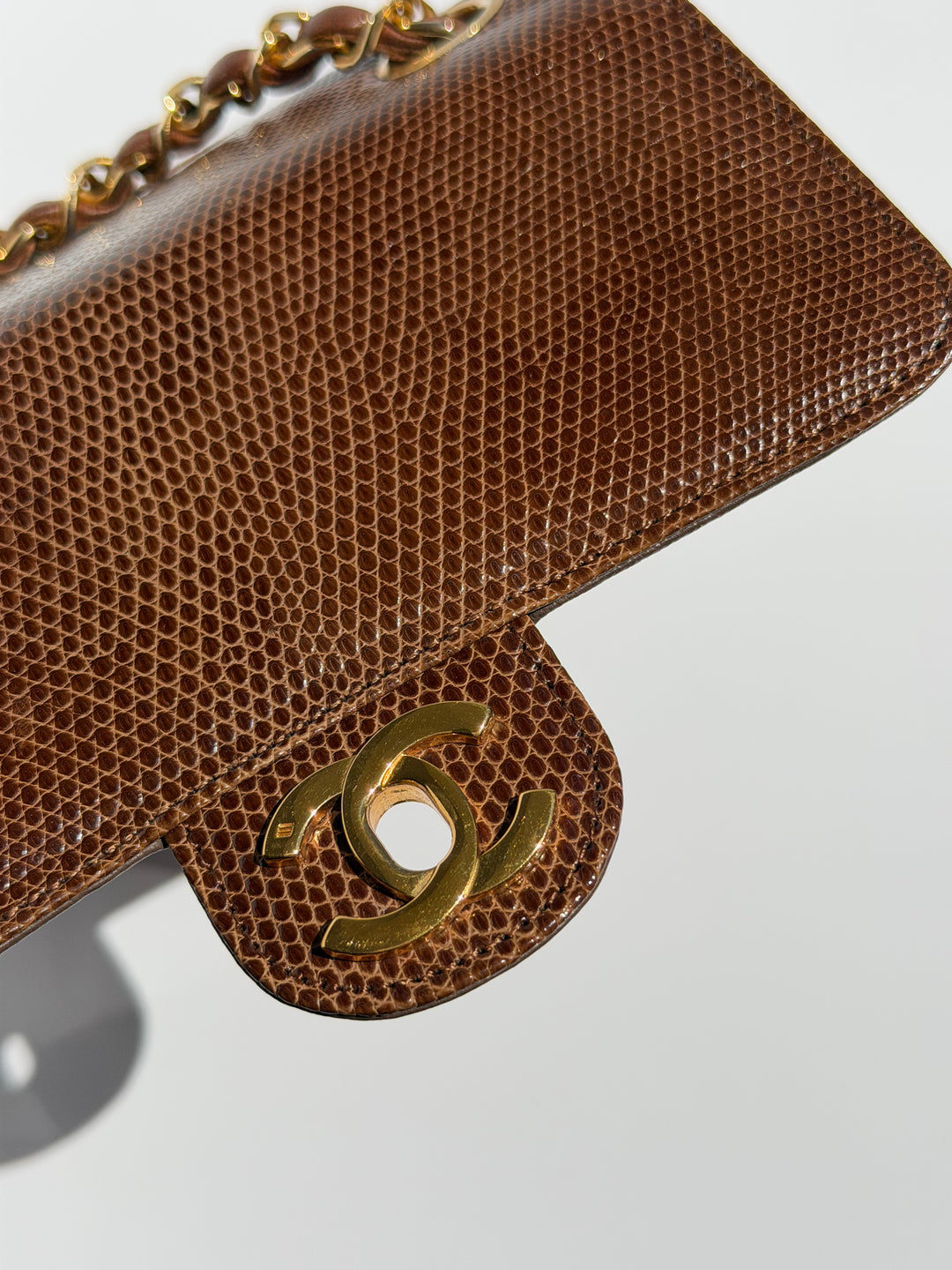 Chanel Brown Vintage Lizard Mini Square Flap Bag 24K Plated Gold Hardware 1986