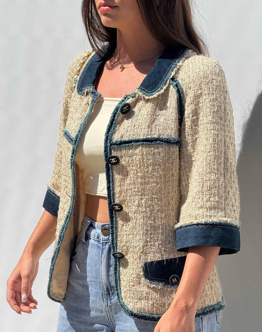 Chanel 2007 Spring Ecru & Denim Trim CC Jacket