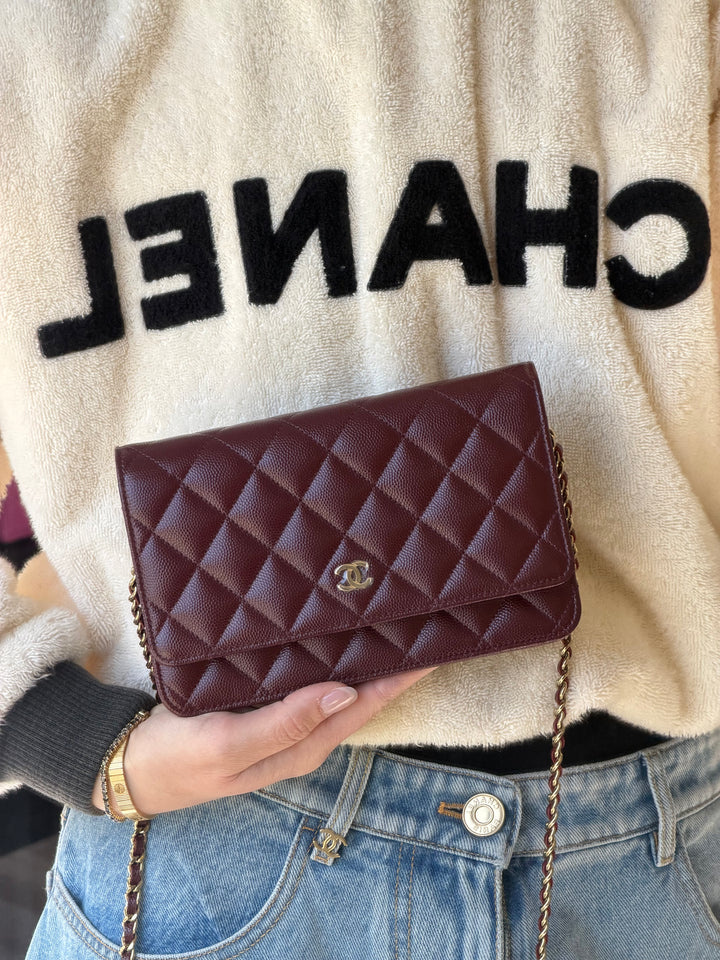 Chanel Wallet on Chain Burgundy Caviar Leather Light Gold Tone Hardware 2023