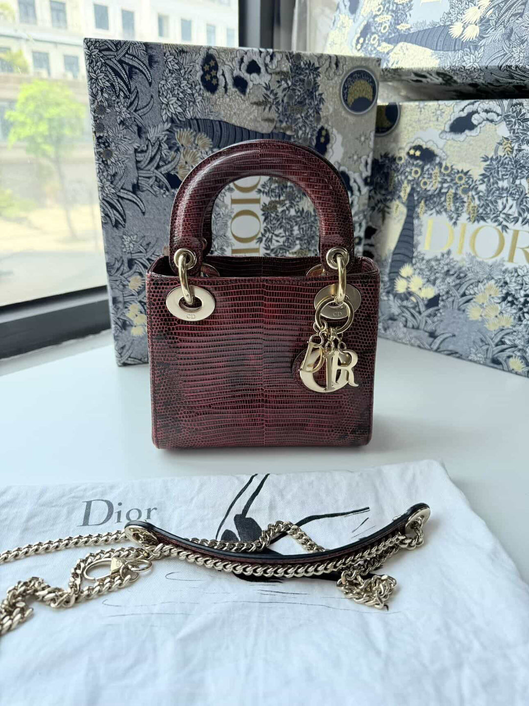 Christian Dior Lady Dior Mini Top Handle Lizard Burgundy Gold Hardware