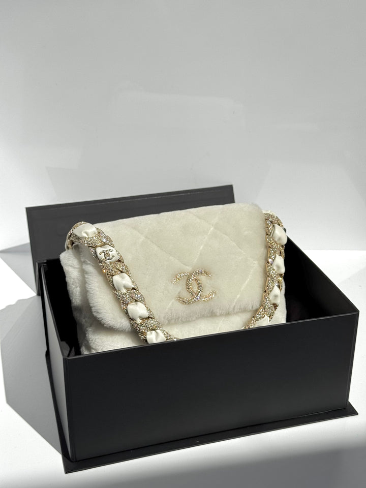 Chanel Shearling & Strass Flap Bag White Shearling with Gold Hardware 2020