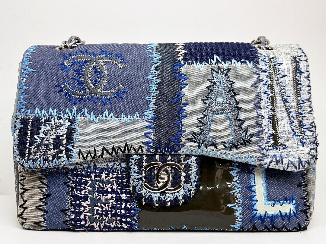 Chanel Jumbo Single Flap Patchwork Denim Blue Tweed Textile Leather Silver Hardware 2015