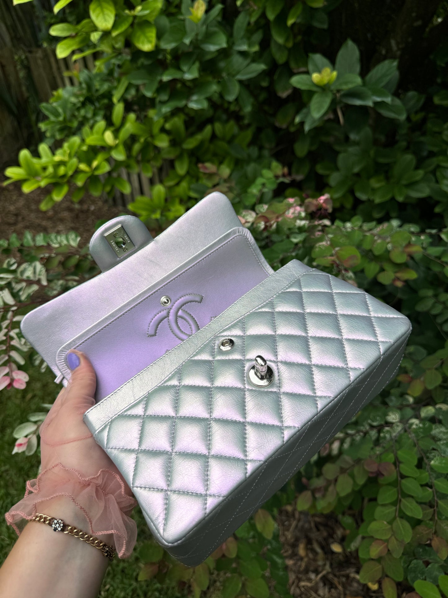 Chanel 21K Small Calfskin Pearl Iridescent Double Flap