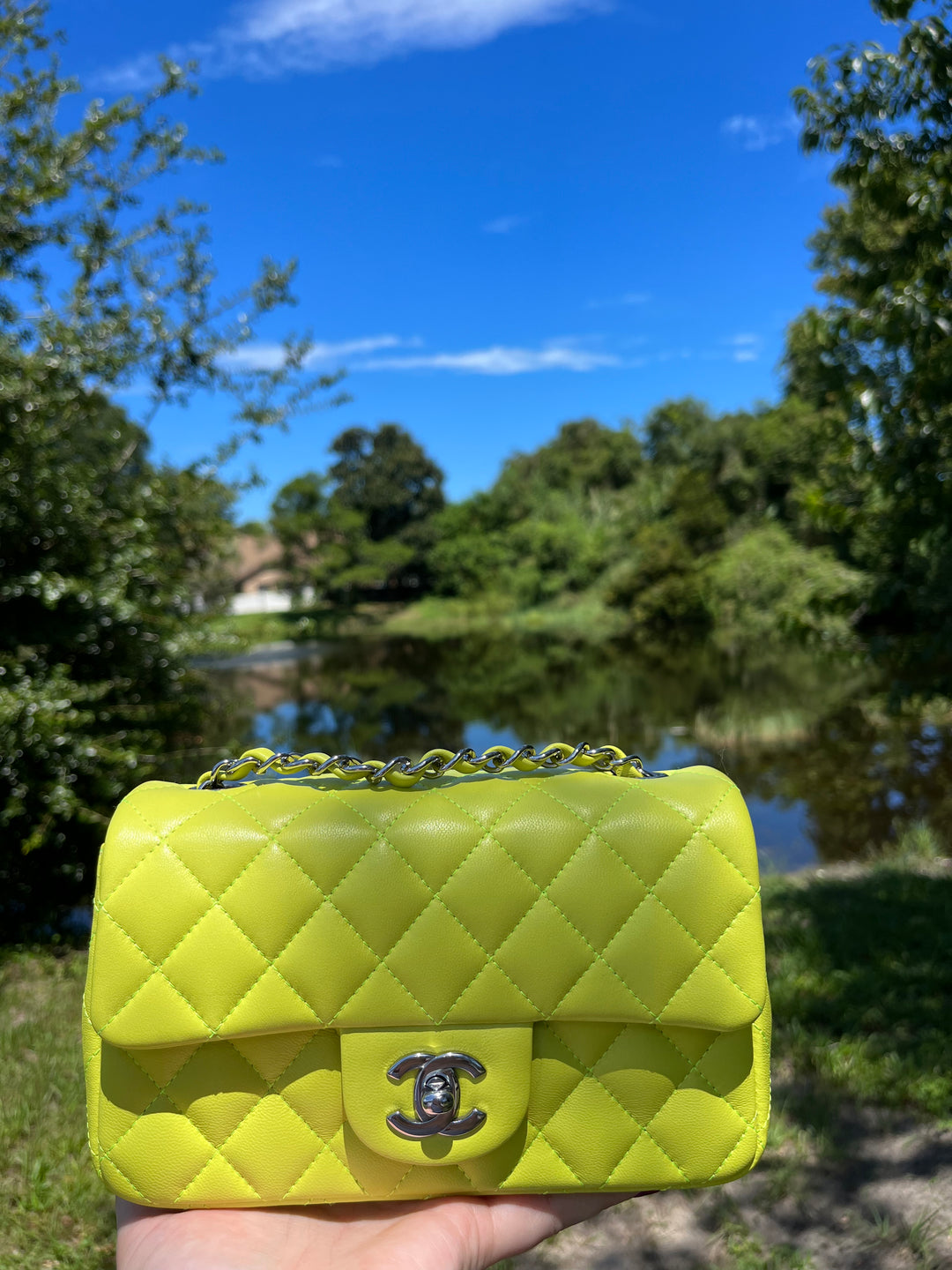 Chanel 21S Mini Classic Flap Lambskin Yellow Silver Hardware
