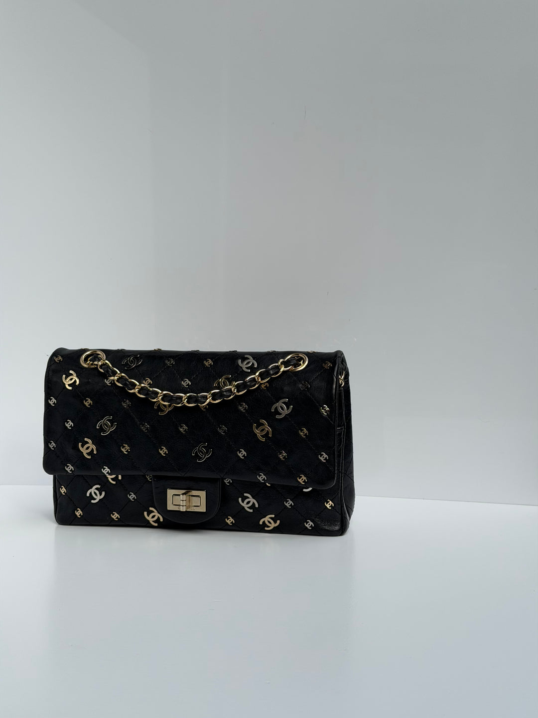 Chanel Medium Reissue 2.55 Flap Bag Black Leather Gold Hardware Punk Charms 2007