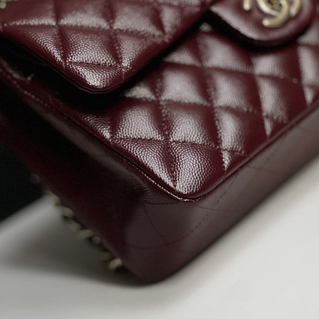 Chanel Small Classic Double Flap Caviar Burgundy Light Gold Hardware 2021
