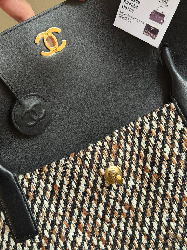 Chanel XXL Shopping Tote Black Calfskin and Multi Tweed Gold Hardware 2026