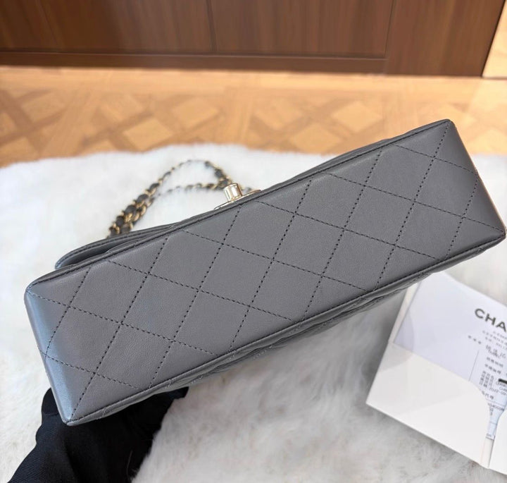Chanel Small Classic Double Flap Lambskin Grey Gold Hardware 2022
