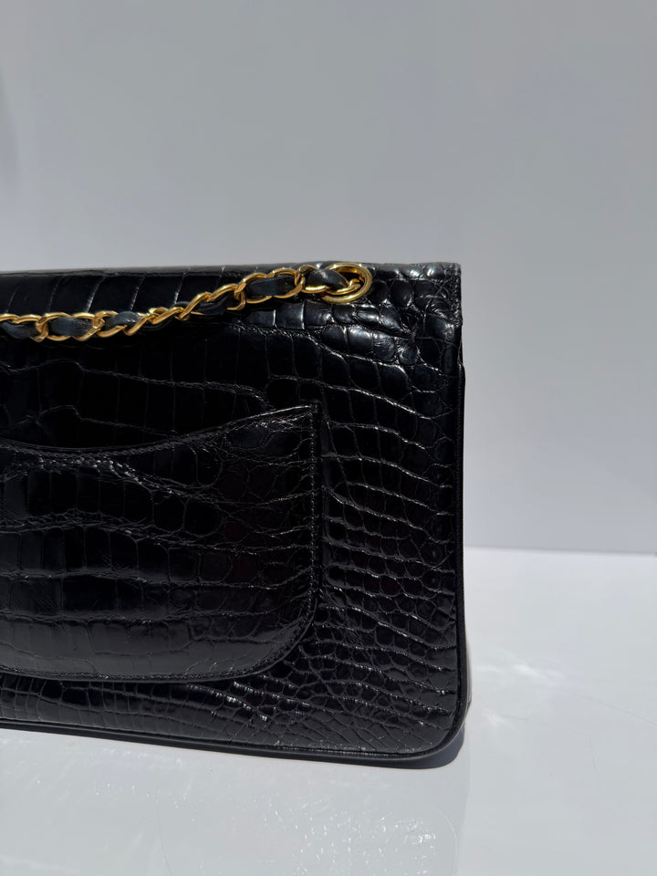 Chanel Medium Classic Flap Bag Alligator Black 24K Plated Gold Hardware 1997