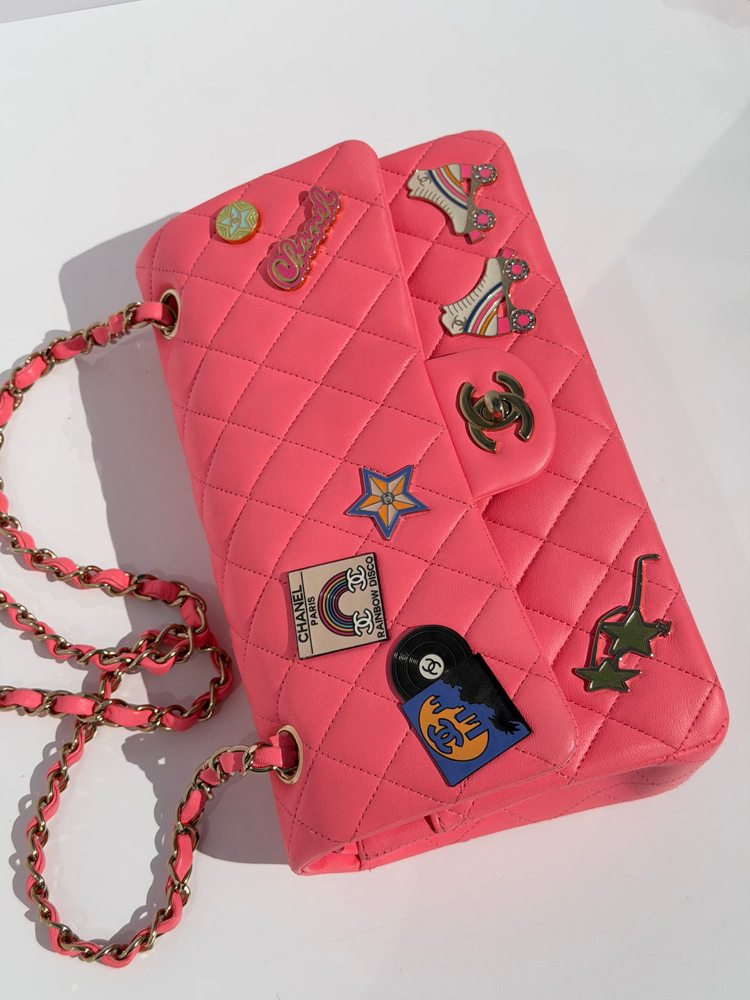 Chanel Medium Hollywood Charms Classic Flap Bag Pink Lambskin Light Gold Hardware 2024