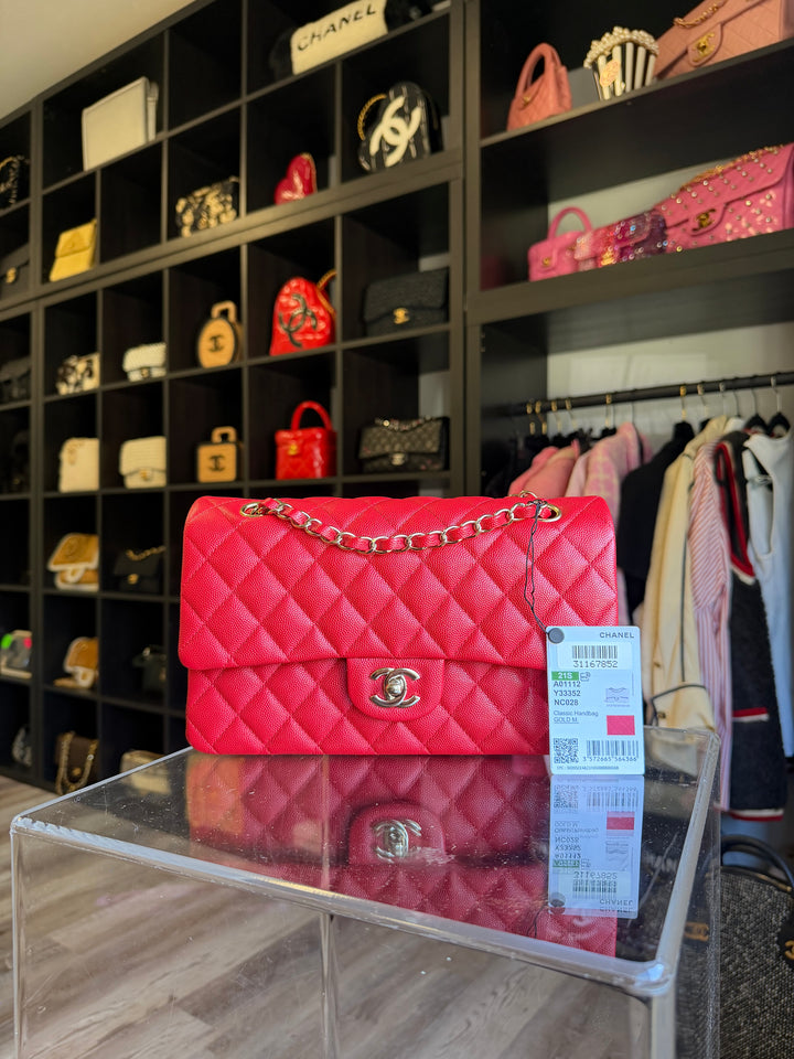 Chanel Medium Classic Double Flap Caviar Red Light Gold Hardware 2021