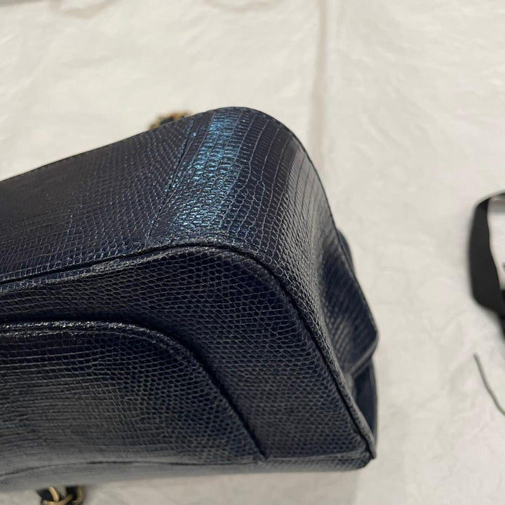 Chanel Navy Blue Lizard Mini Flap Brushed Gold Hardware 2018