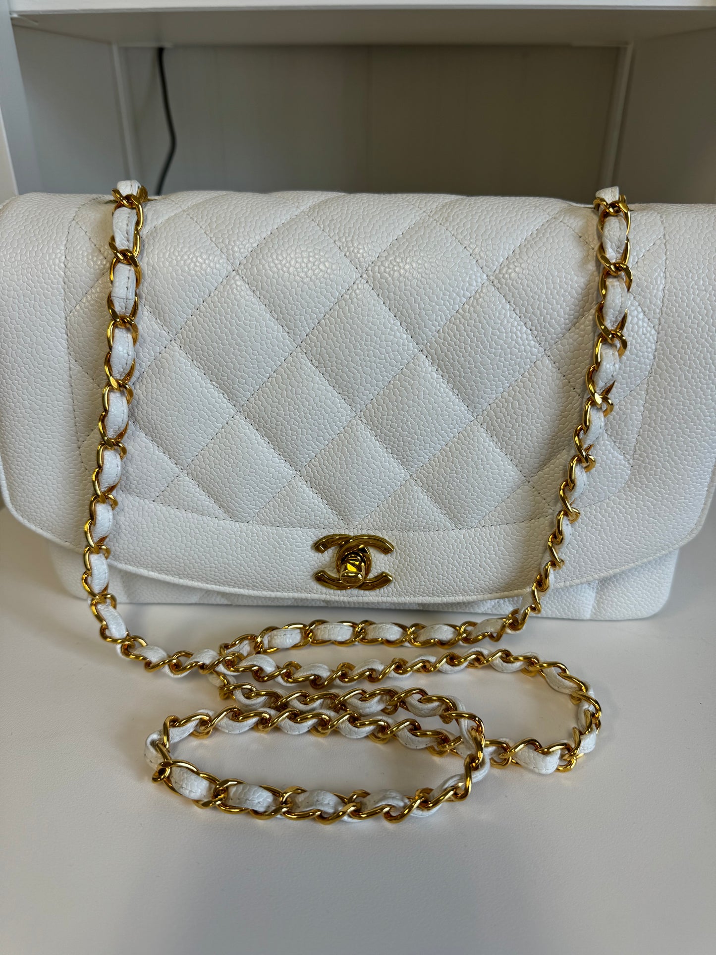 Chanel Snow White 24K Medium Caviar Diana Flap Bag