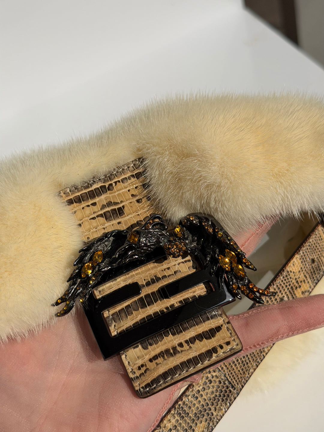 Fendi Crystal Embellished Baguette White Mink Fur Lizard Trim Gold Tone Hardware