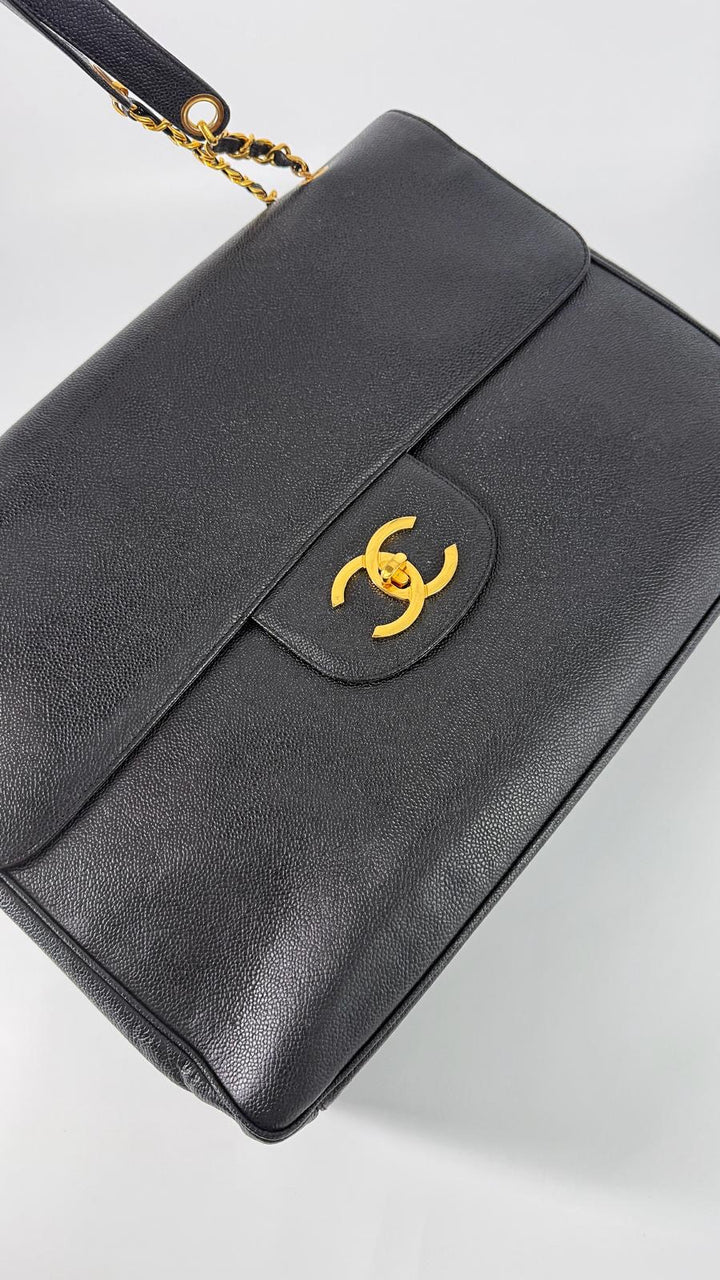 Chanel Vintage Caviar XXL Supermodel Flap Black 24K Gold Plated Hardware 1994