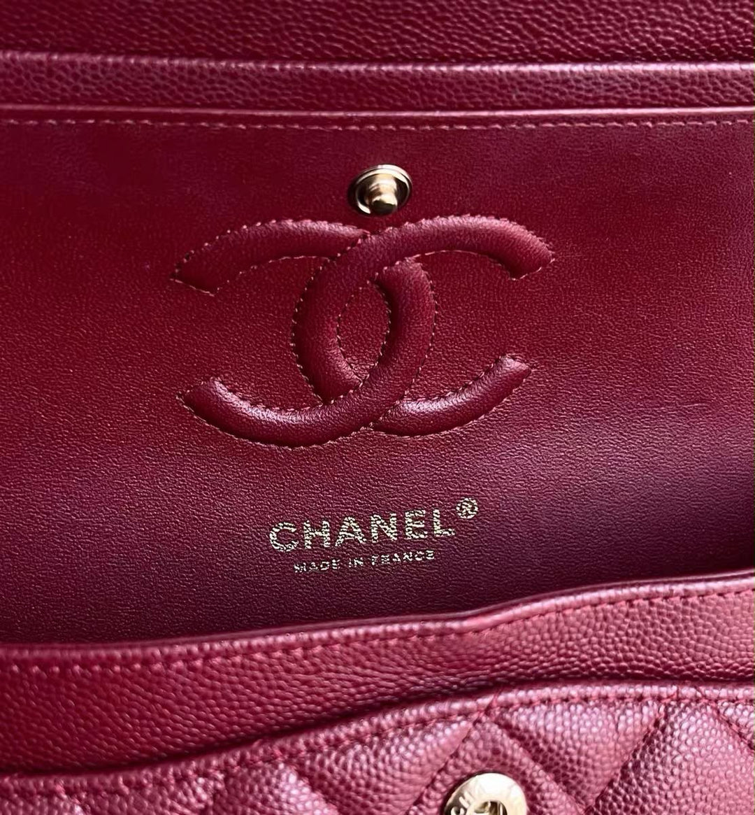 Chanel Small Classic Double Flap Caviar Burgundy Light Gold Hardware 2023