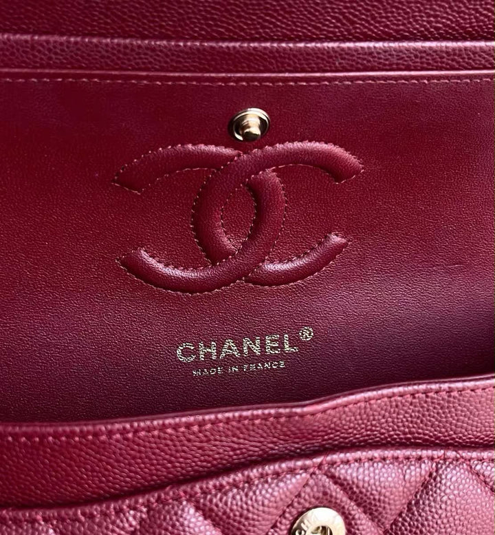 Chanel Small Classic Double Flap Caviar Burgundy Light Gold Hardware 2023