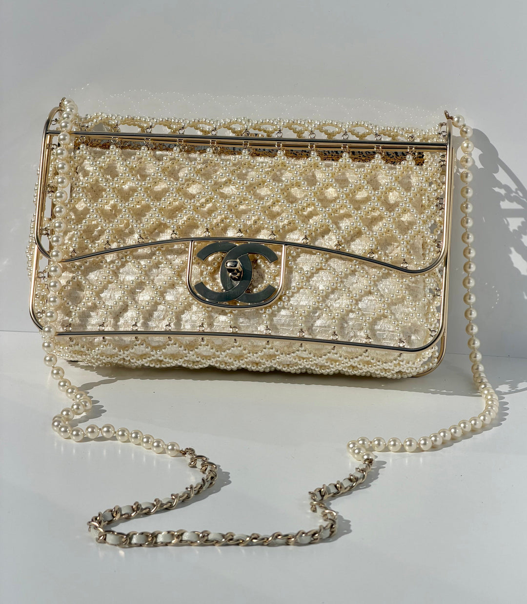 Chanel 2014 Pearl Embellished Caged Flap Minaudière Bag