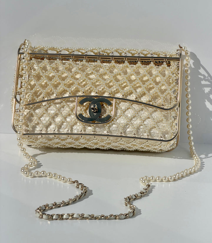 Chanel 2014 Pearl Embellished Caged Flap Minaudière Bag