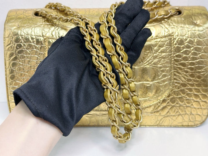 Chanel Metallic Gold Croc Embossed Medium Classic Flap Bag