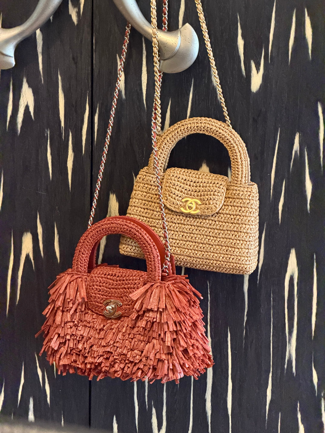 Chanel Mini Shopping Bag Fringed Raffia Effect Fabric Rust Gold Tone Metal 2026