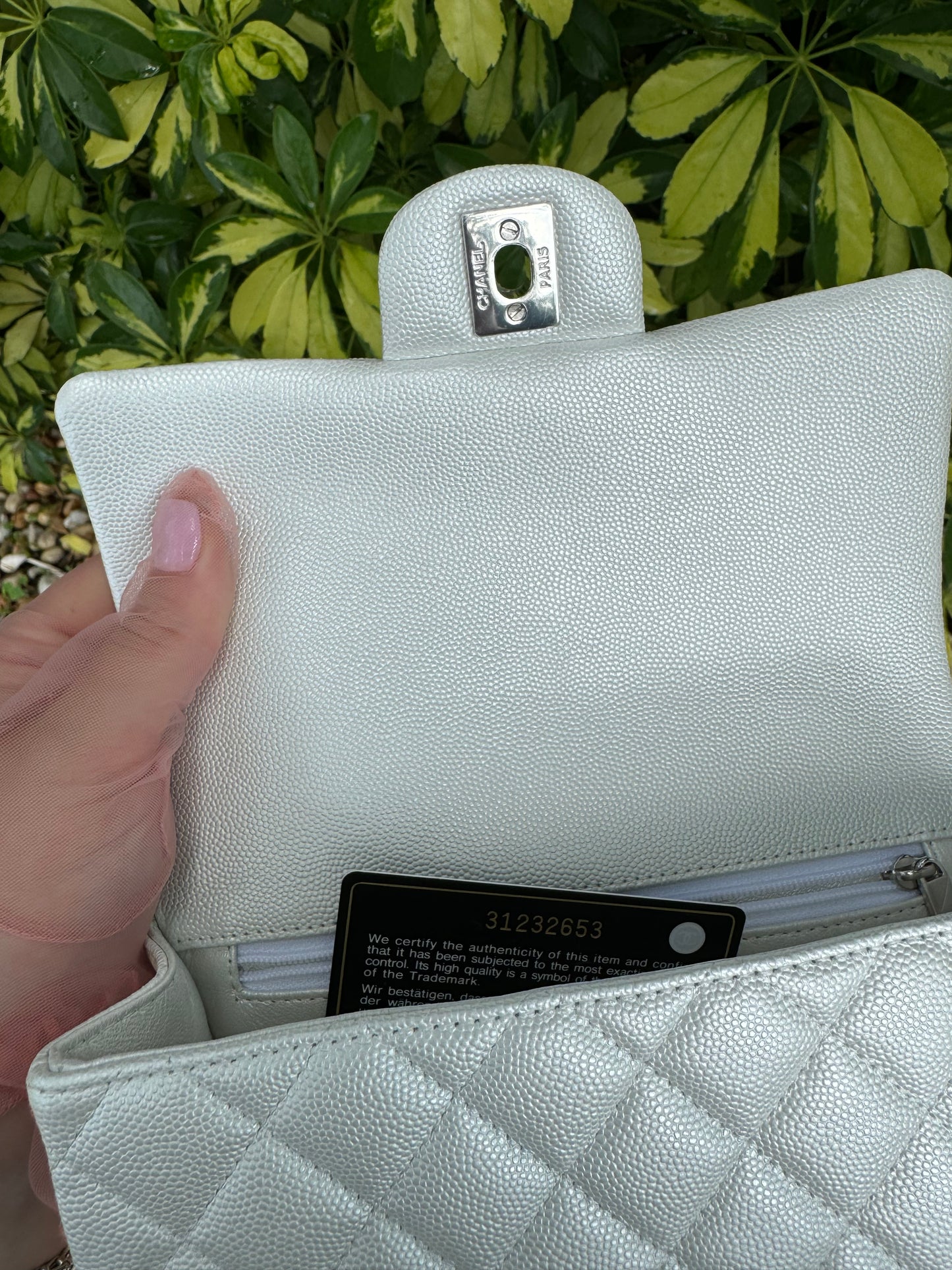 Chanel 21S Mini Iridescent White Caviar Top Handle