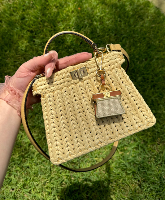 Fendi Peekaboo ISeeU Petite Sand Raffia Bag + Fendi Charm